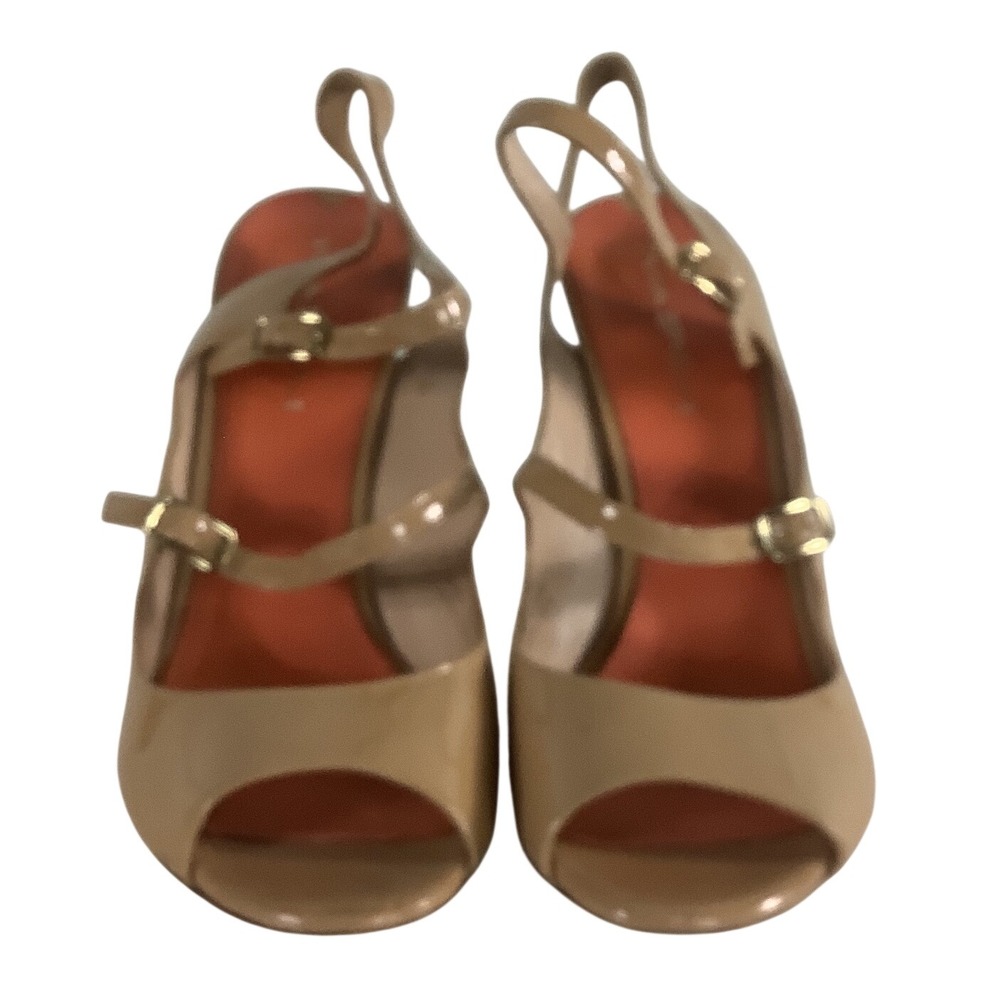 Via Spiga Beige Patent Leather Peep Toe Multi Strap Slingback Heels Womens 9.5M